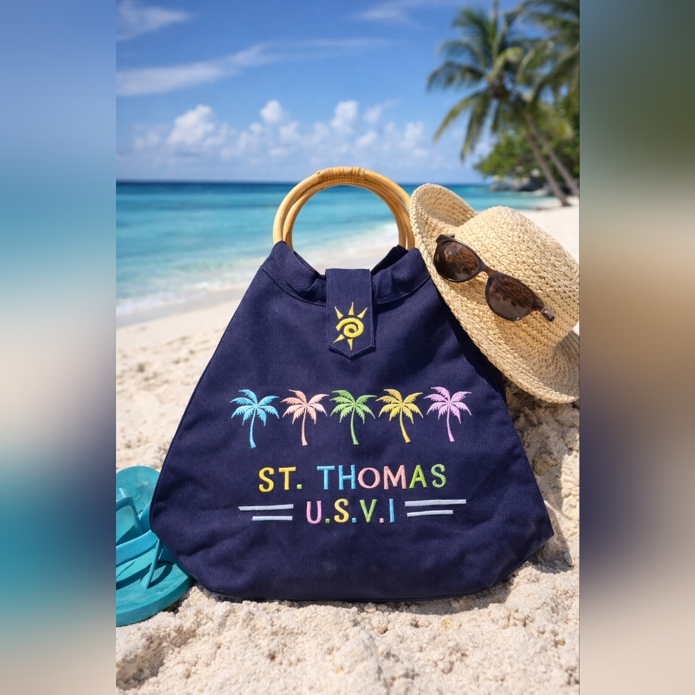 Beach Tote Bag Palm Tree Embroidered Summer Vacation Tote Wooden Handle